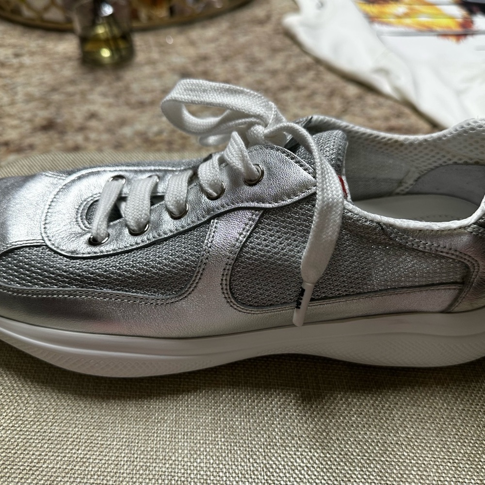 Brand New Never Worn Prada Silver Sneakers - Size 10M - Picture 2 of 3